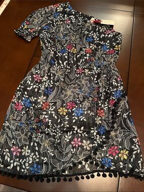 RAGA one shoulder black with Blue and White Floral Accents and silver sparkle
